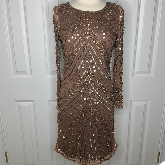 Patra Embellished Cocktail Dress Brown Sequin Beaded Sheer Sleeve Sz16/L UK - Picture 1 of 13